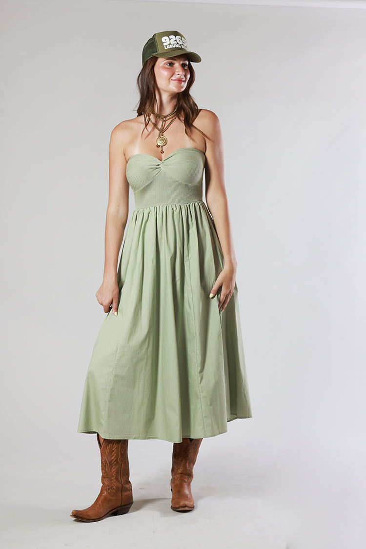 Strapless Twist Mixed Media Midi Dress