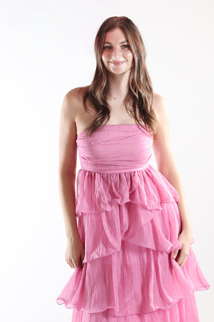 pink ruffle dress midi Doux Pink Ruffled Trim Pleated Midi Dress