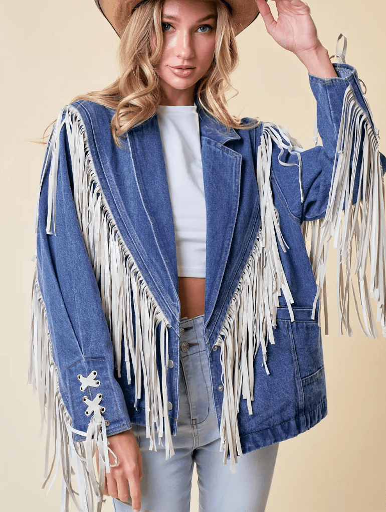 Oversized Denim Jacket with Fringe Trim - Flea Style