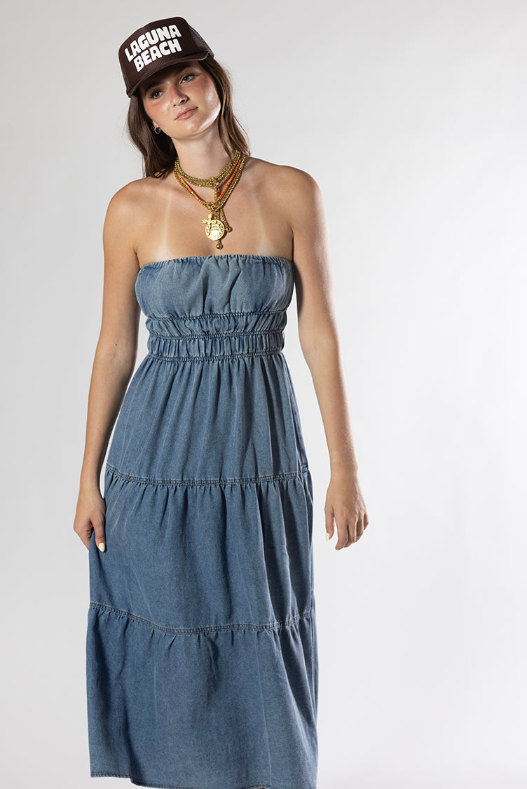 Washed Tiered Strapless Denim Midi Dress Large