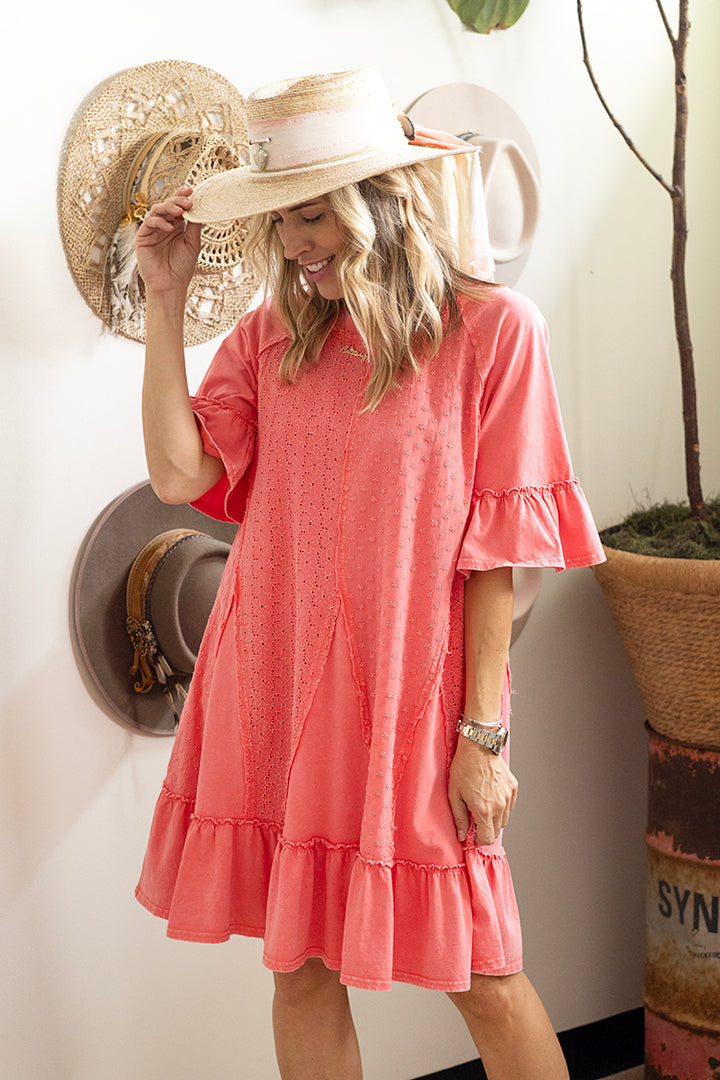 Eyelet Lace Ruffle Hem Flowy Dress