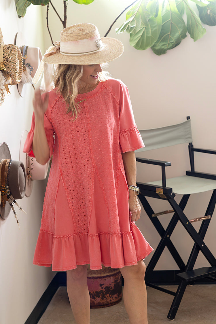 Eyelet Lace Ruffle Hem Flowy Dress