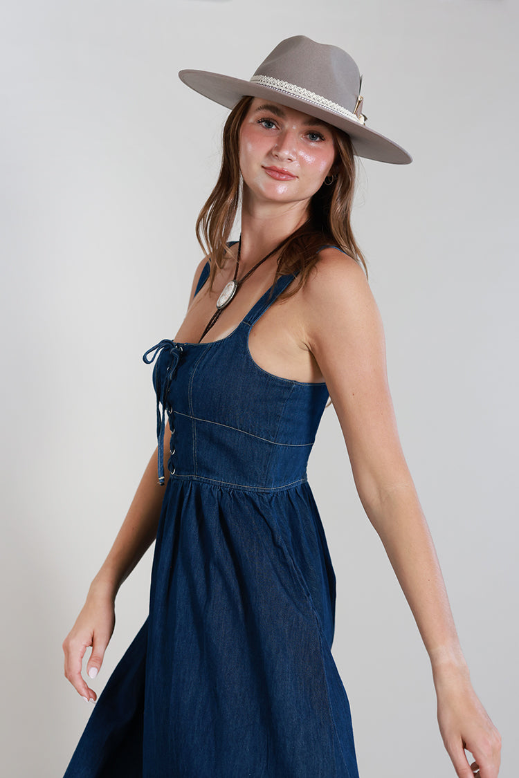 denim with lace dress Constance Broderie Anglaise Midi chic look HALF DENIM HALF BLACK-IVORY LACE