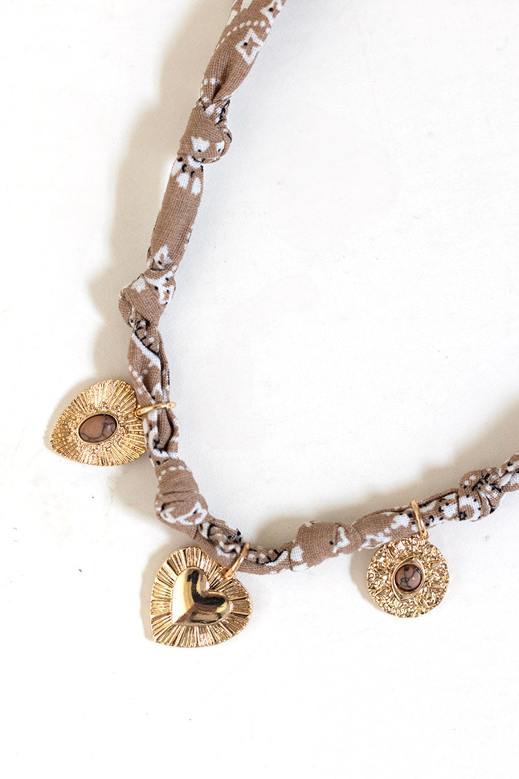 Beige Bandana Heart Charm Necklace