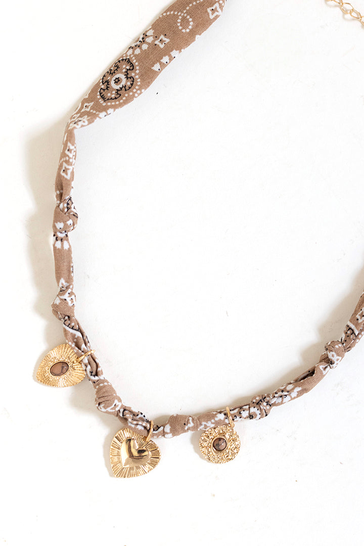Beige Bandana Heart Charm Necklace