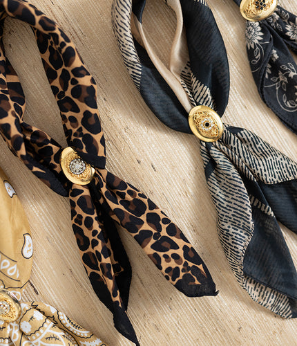 Bandana-Scarf-with-Slide-Leopard bandana with gold and white rhinestone slide-FleaStyle 