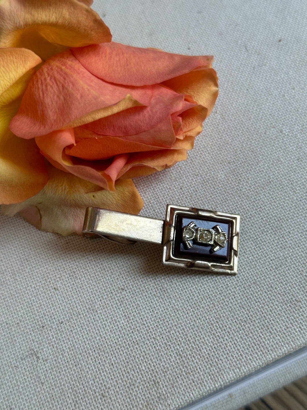 Vintage Matte Silver Tie Bar with Amber and Rhinestone Details