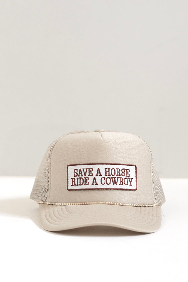 Beige cap with 'Save a Horse, Ride a Cowboy' text patch -Flea Style 