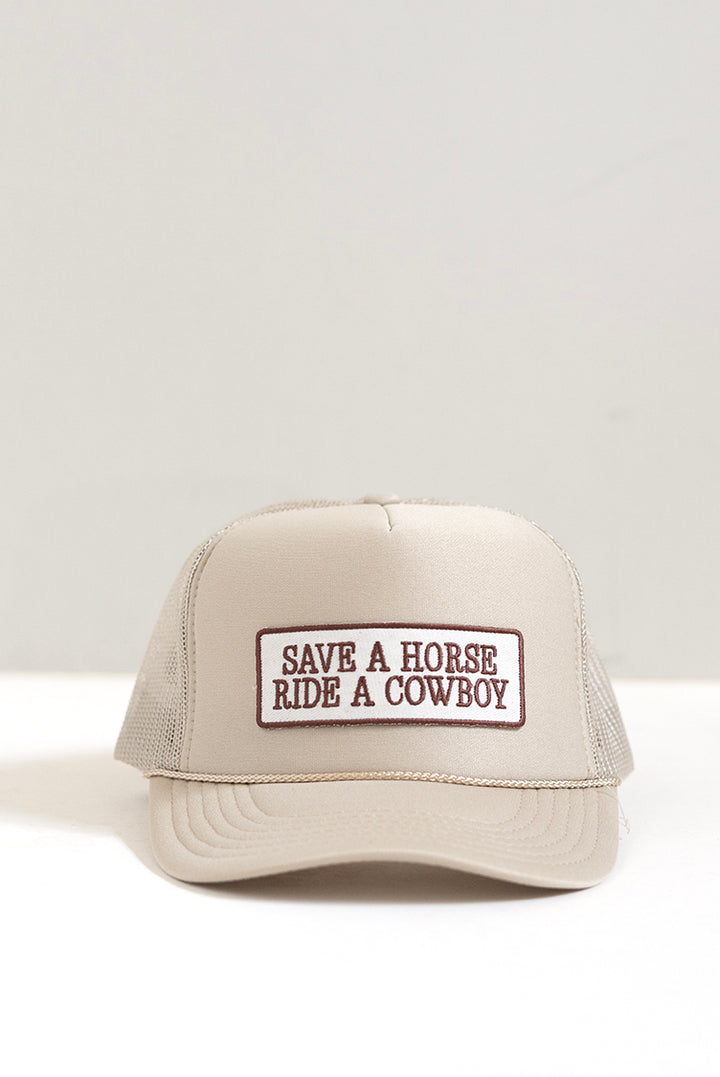 Beige cap with 'Save a Horse, Ride a Cowboy' text patch -Flea Style 