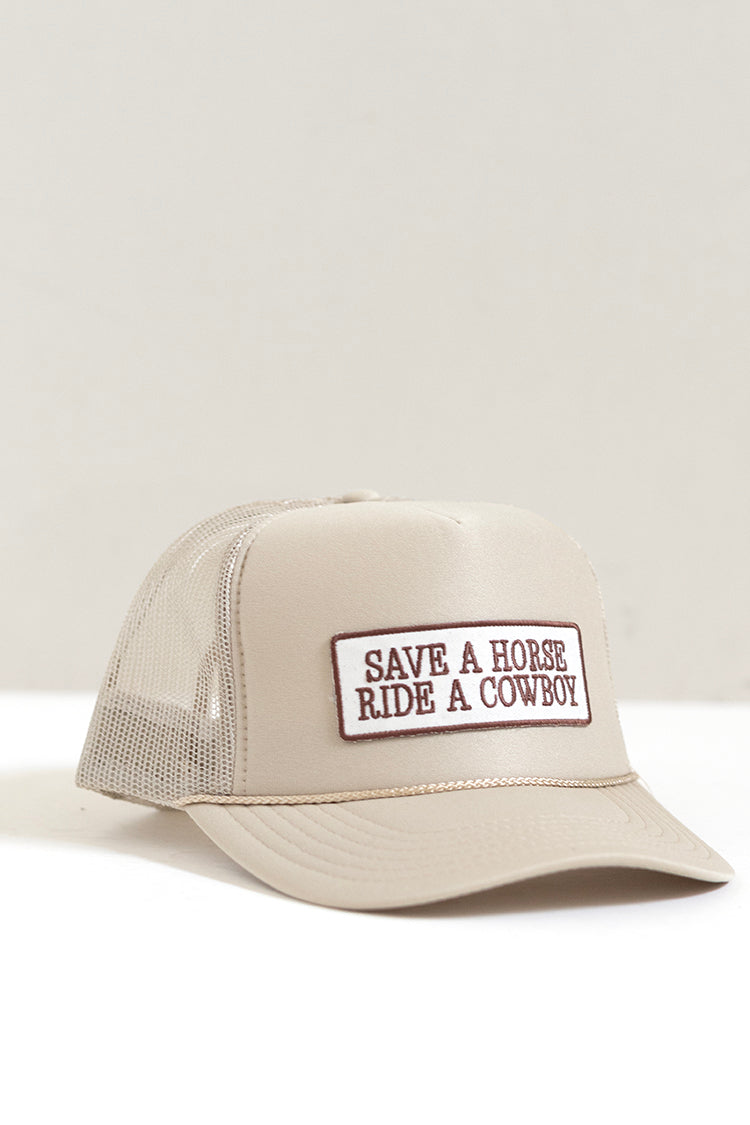 Beige cap with 'Save a Horse, Ride a Cowboy' text patch -Flea Style 