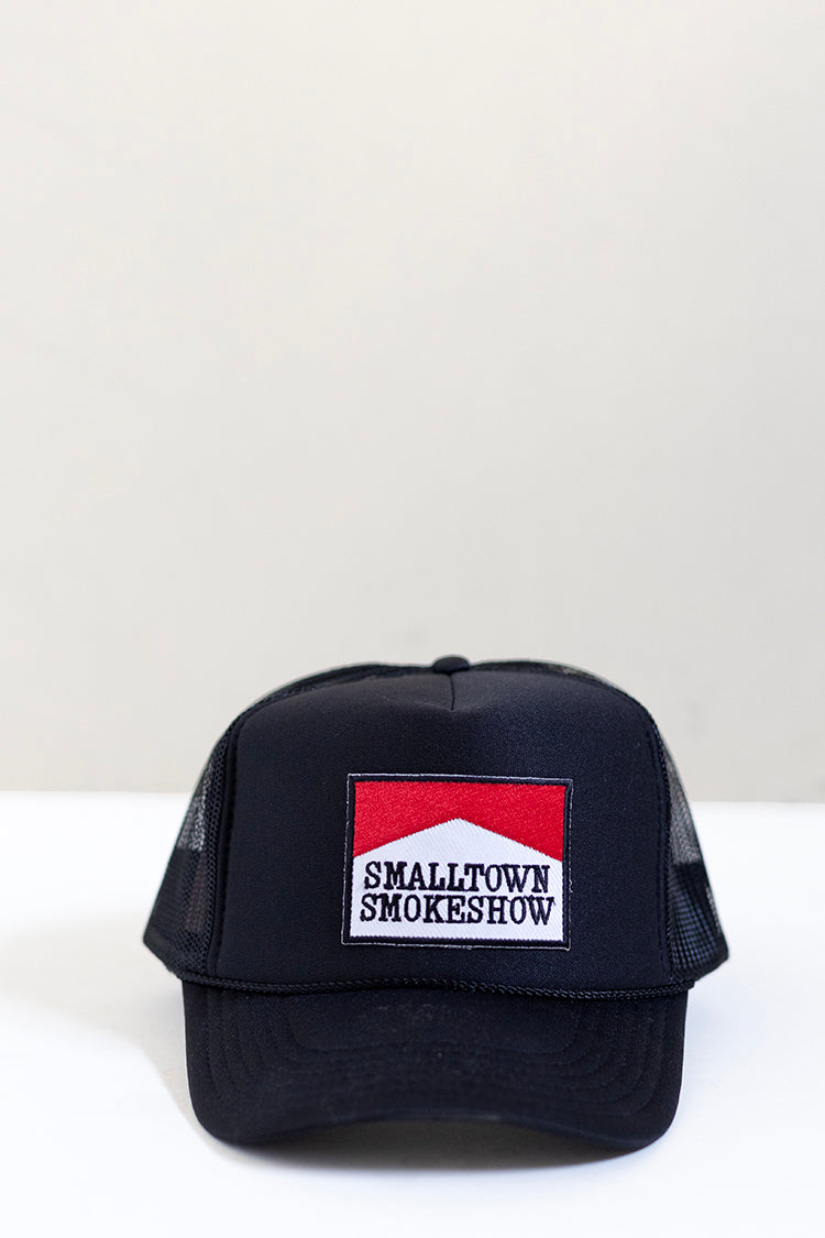 Black trucker cap with a red and white smalltown smokeshow patch-Flea Style