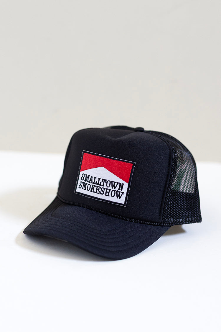 Black trucker cap with a red and white smalltown smokeshow patch-Flea Style