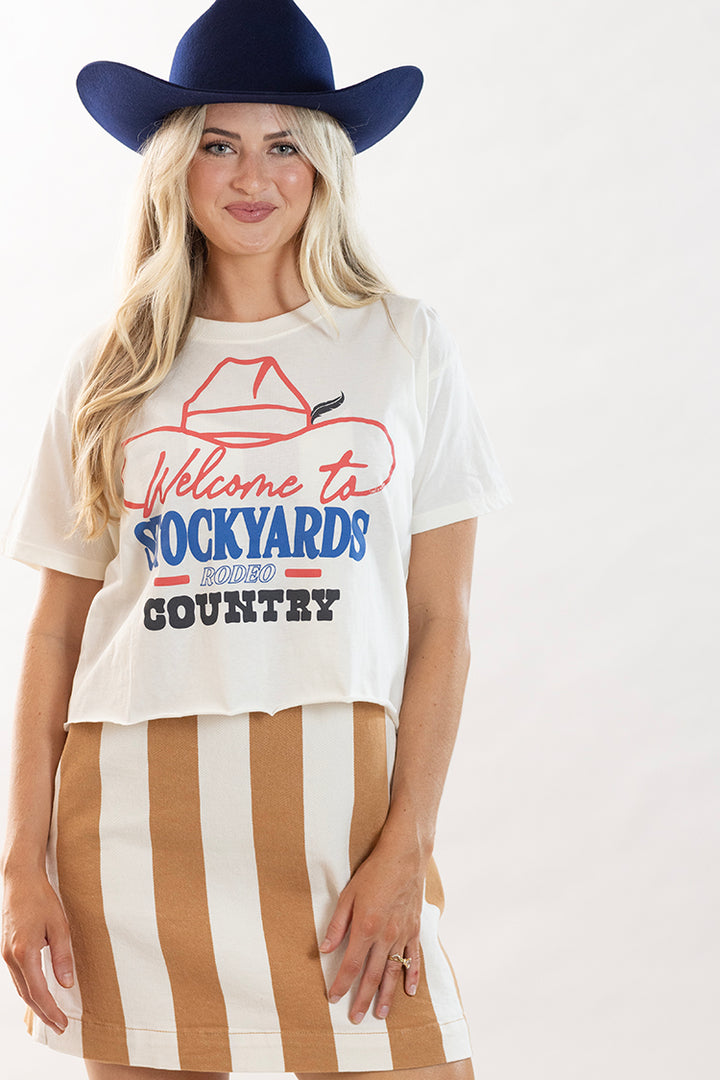 Woman wearing a white cropped graphic t-shirt with vintage rodeo lettering, stripe dress and a blue cowboy hat-Flea Style