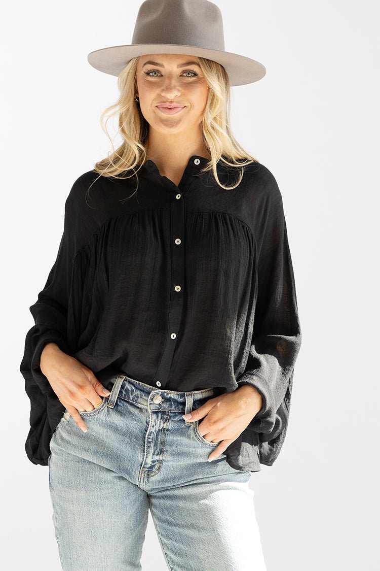 Black Button - Up Batwing Top - Flea Style