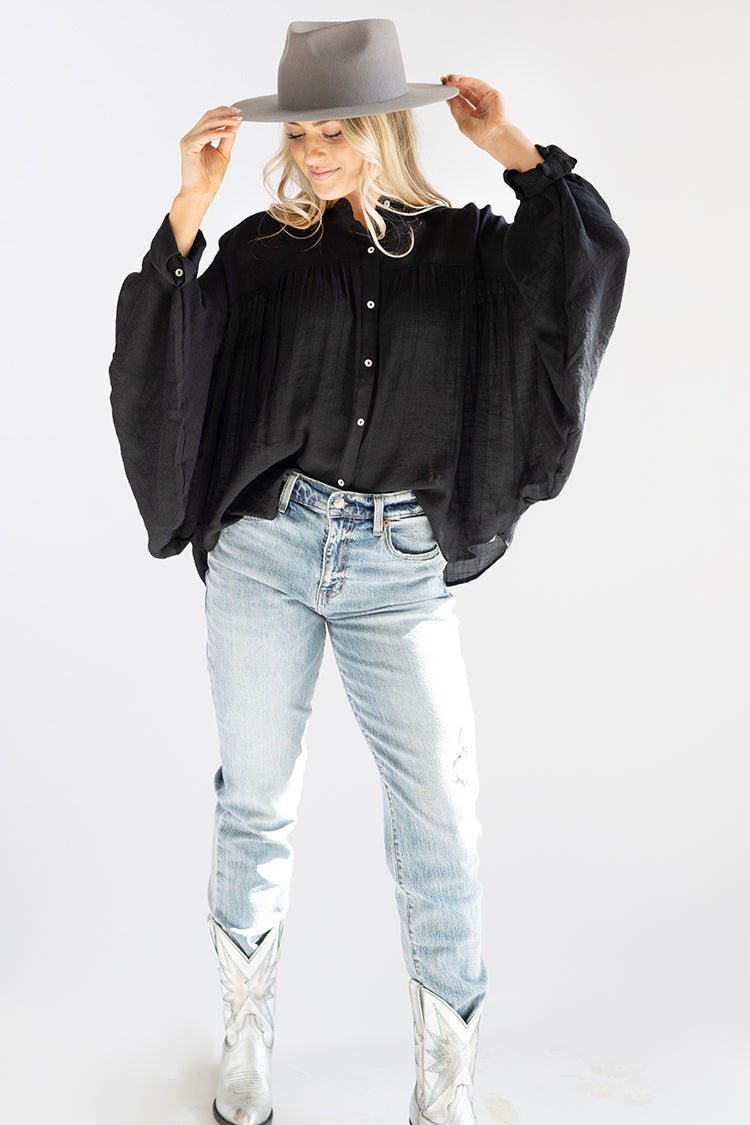 Black Button - Up Batwing Top - Flea Style