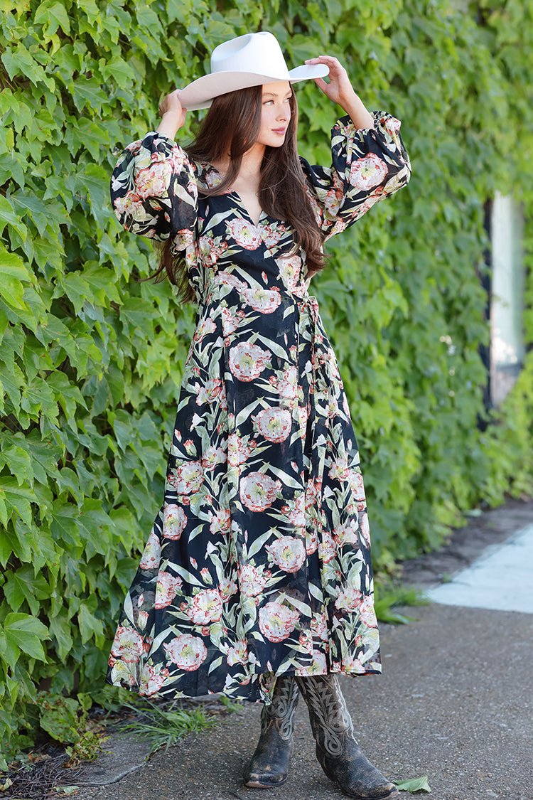 Black Floral Long Sleeve Dress with Tie - Flea Style