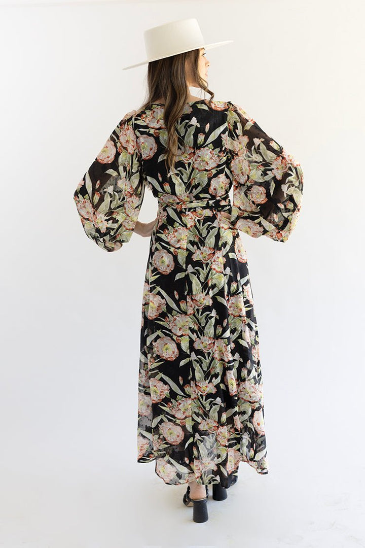 Black Floral Long Sleeve Dress with Tie - Flea Style