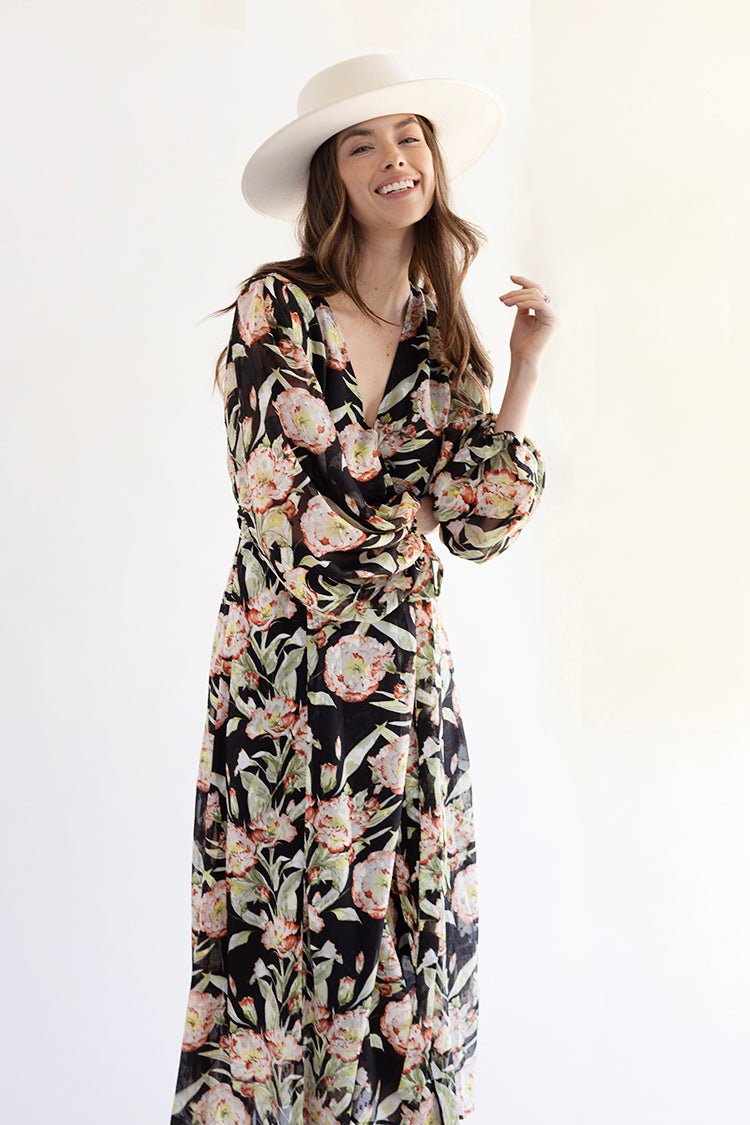 Black Floral Long Sleeve Dress with Tie - Flea Style