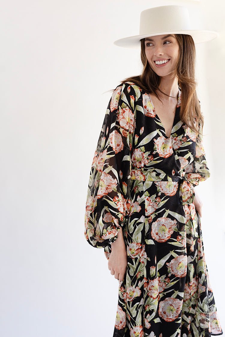 Black Floral Long Sleeve Dress with Tie - Flea Style