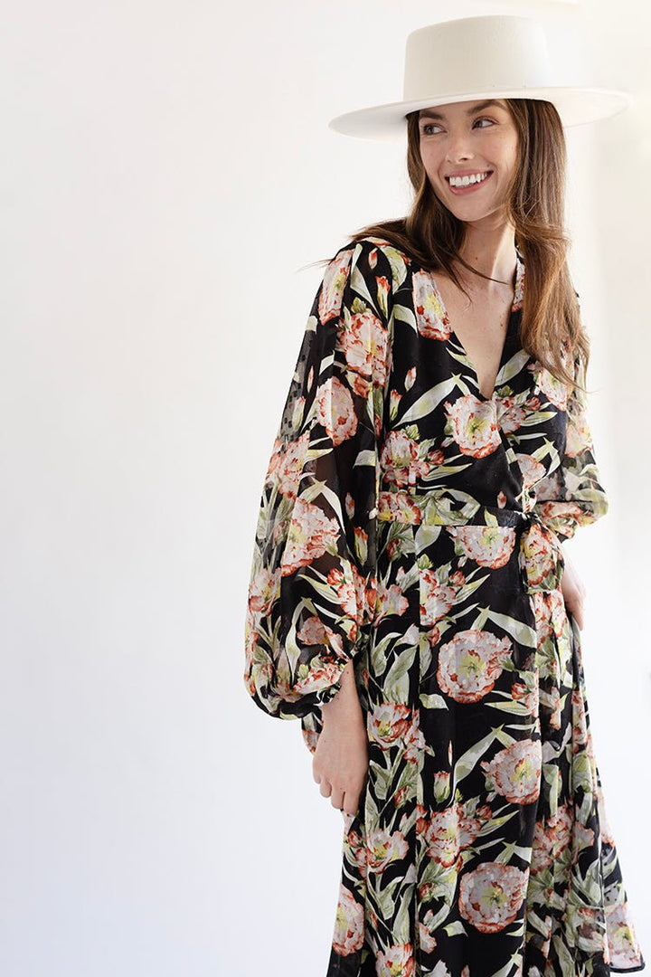 Black Floral Long Sleeve Dress with Tie - Flea Style