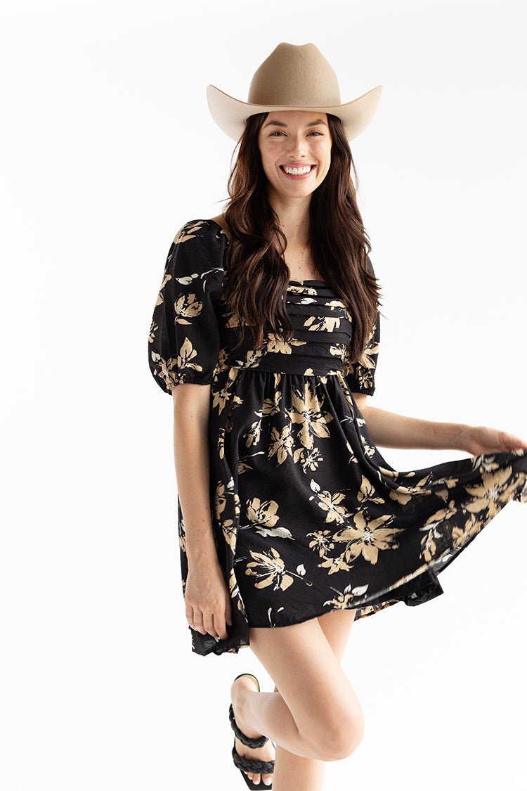 Black Floral Puff Sleeve Dress - Flea Style