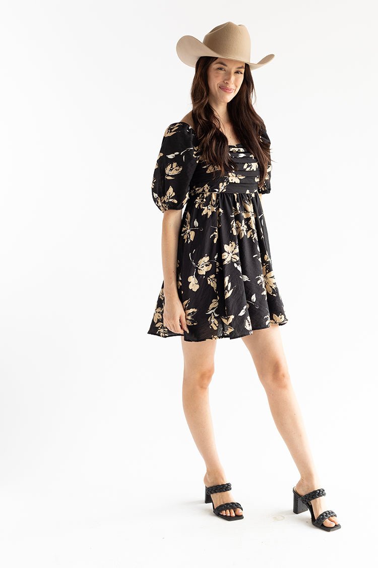 Black Floral Puff Sleeve Dress - Flea Style