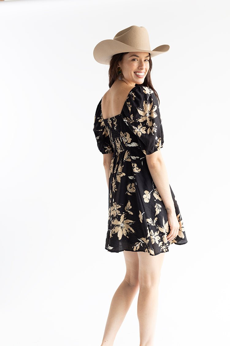 Black Floral Puff Sleeve Dress - Flea Style