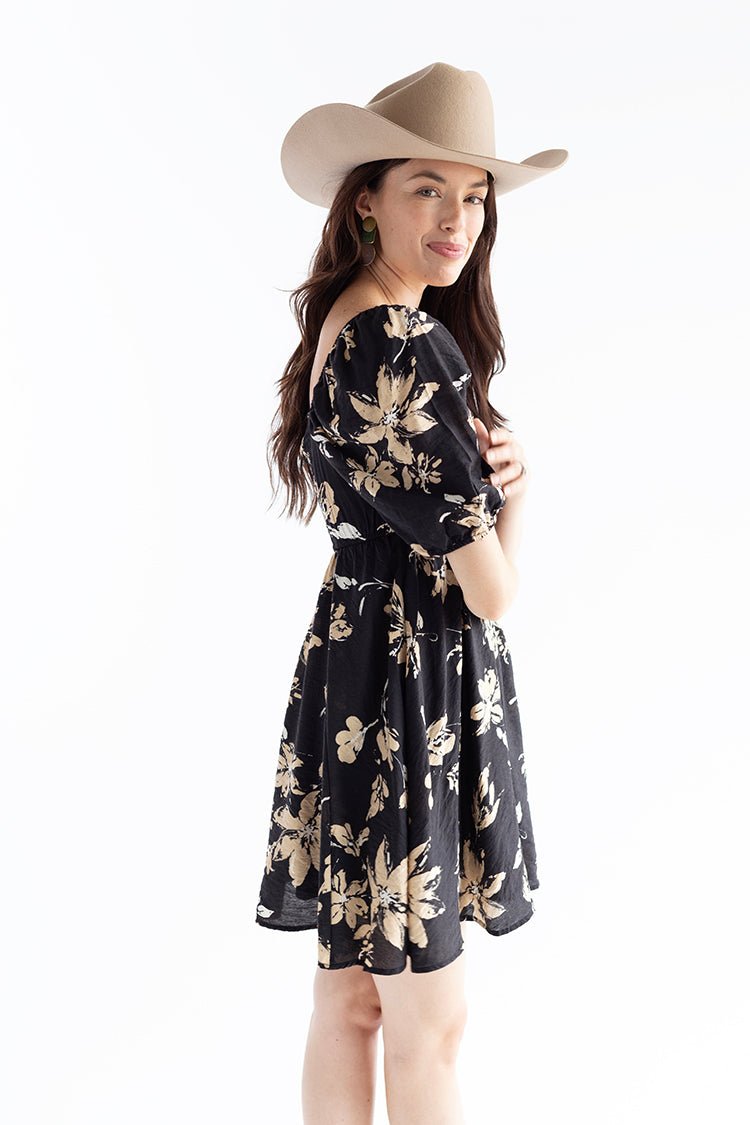 Black Floral Puff Sleeve Dress - Flea Style