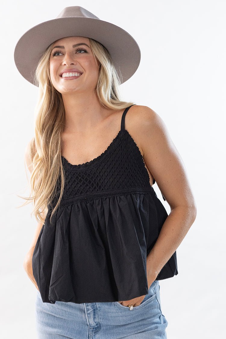 Black Sleeveless Bubble Hem Crochet Top - Flea Style