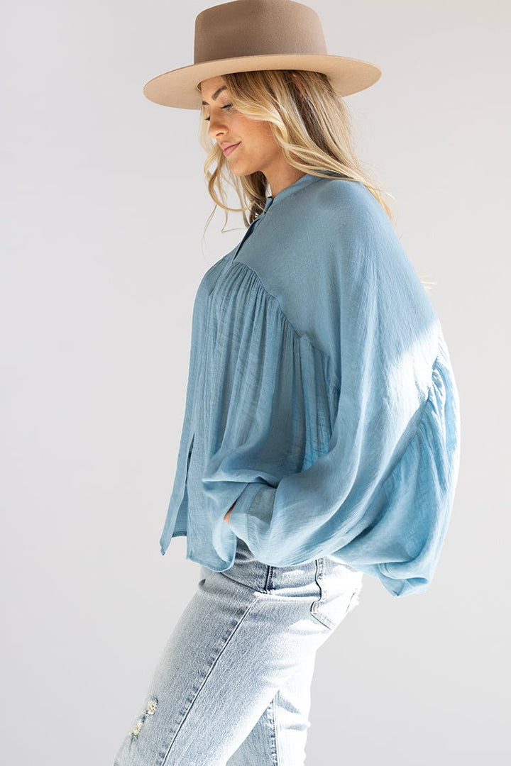 Blue Button - Up Batwing Top - Flea Style