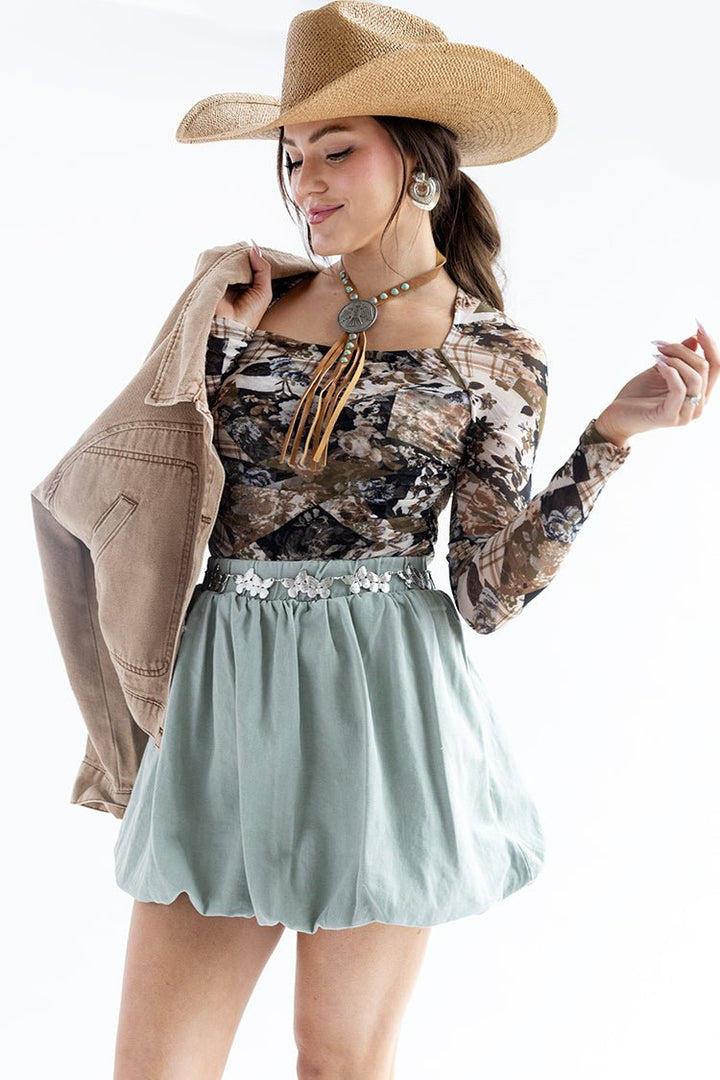 Boho Floral Mesh Square Neck Top - Flea Style