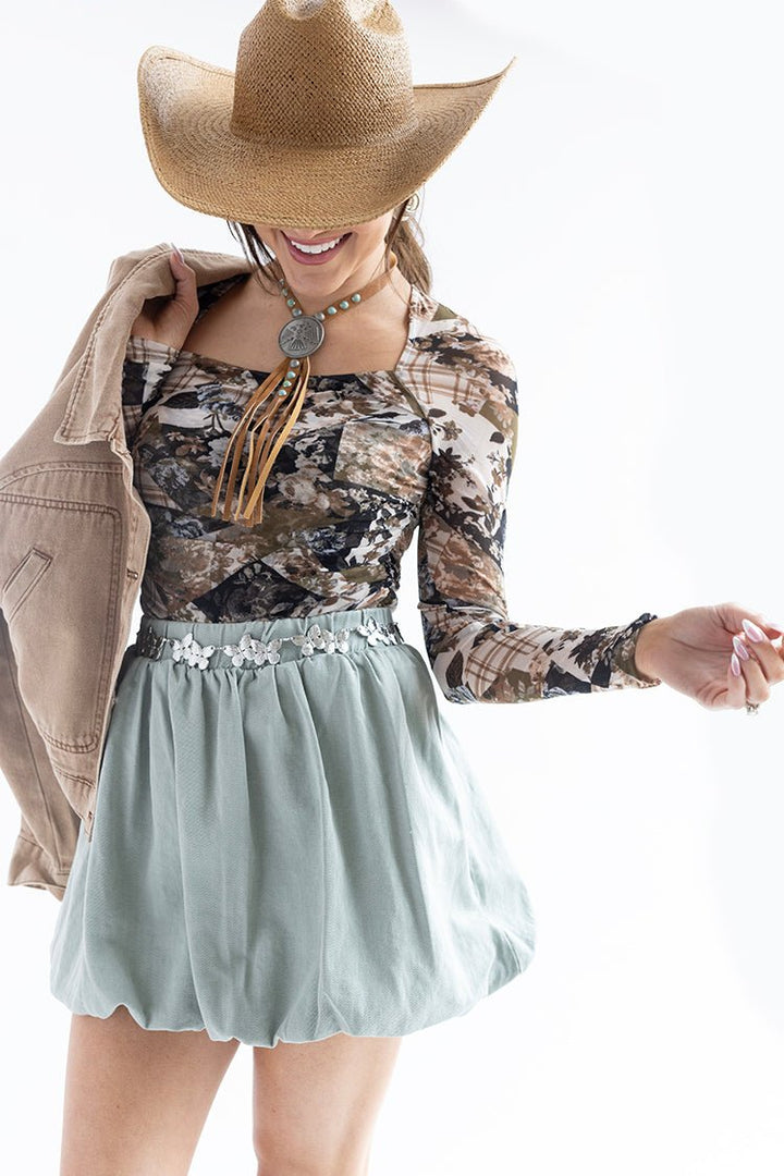 Boho Floral Mesh Square Neck Top - Flea Style