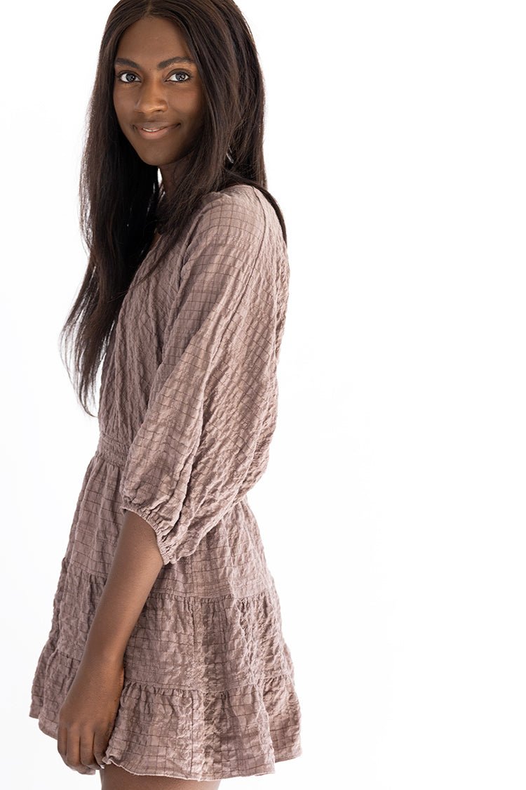 Brown Textured Balloon Sleeve Tunic Dress - Flea Style