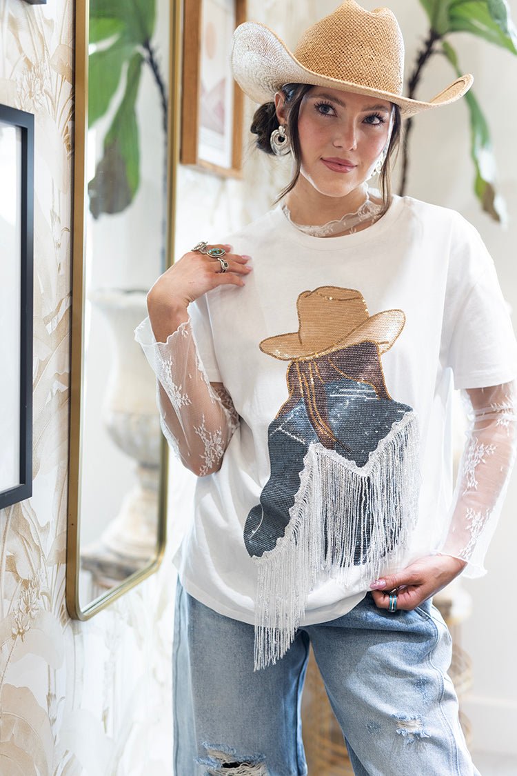 Cowgirl with Brunette Hair Bling Top - Flea Style