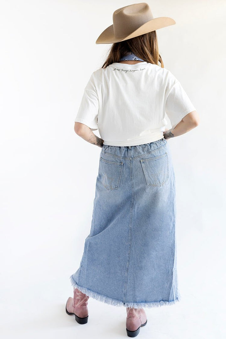 Denim Frayed Slit Midi Skirt - Flea Style