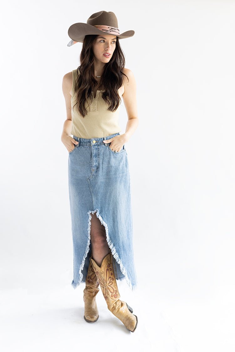 Denim Frayed Slit Midi Skirt - Flea Style