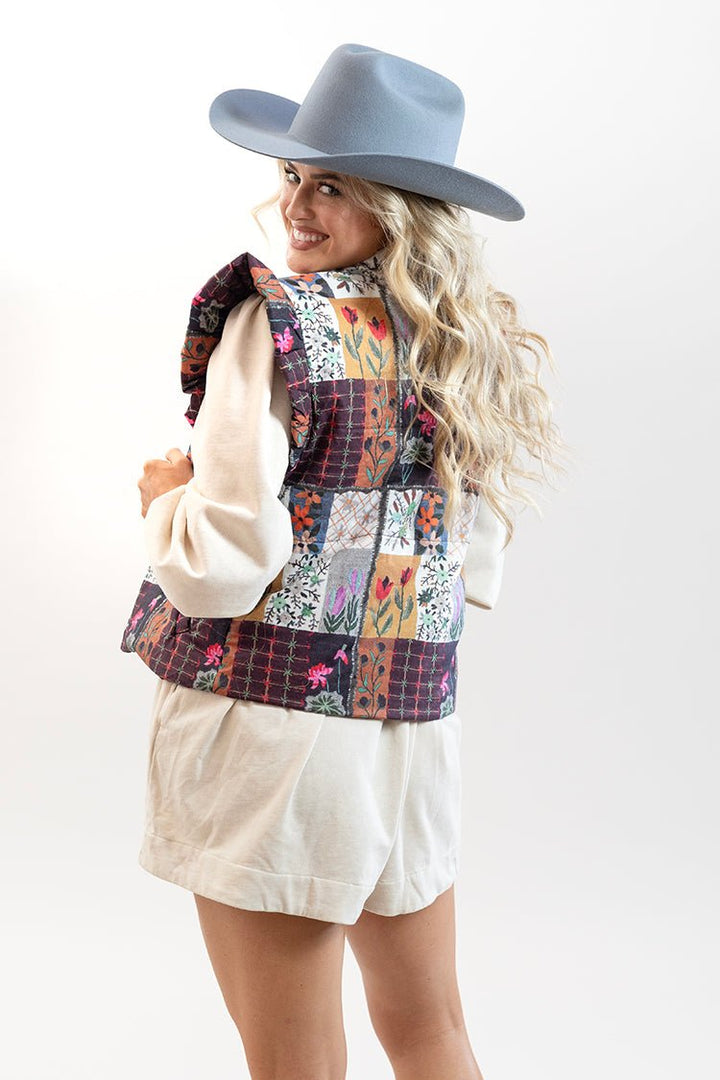 Floral Puffer Vest with Ruffle Shoulders - Flea Style