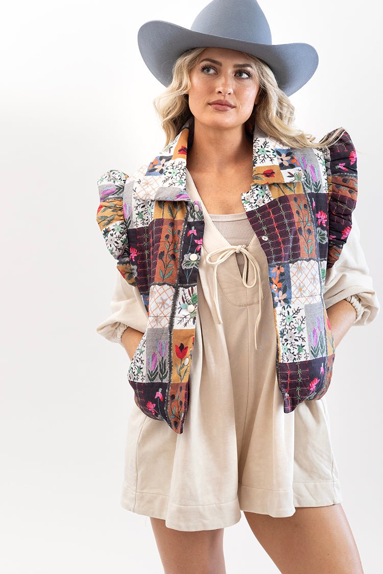 Floral Puffer Vest with Ruffle Shoulders - Flea Style