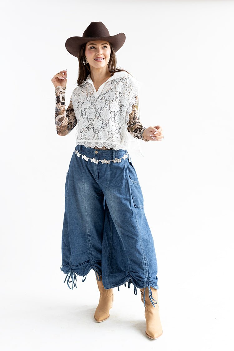 Front Tie Flowy Denim Pants - Flea Style