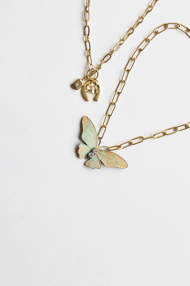 Green Vintage Inspired Butterfly Pendant Necklace - Flea Style