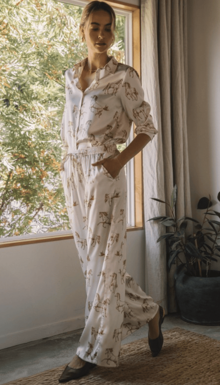 Ivory Horse Print Button Down Blouse - Flea Style