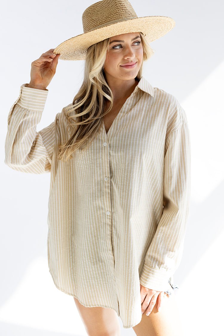 Khaki and White Stripe Button - Up Top - Flea Style