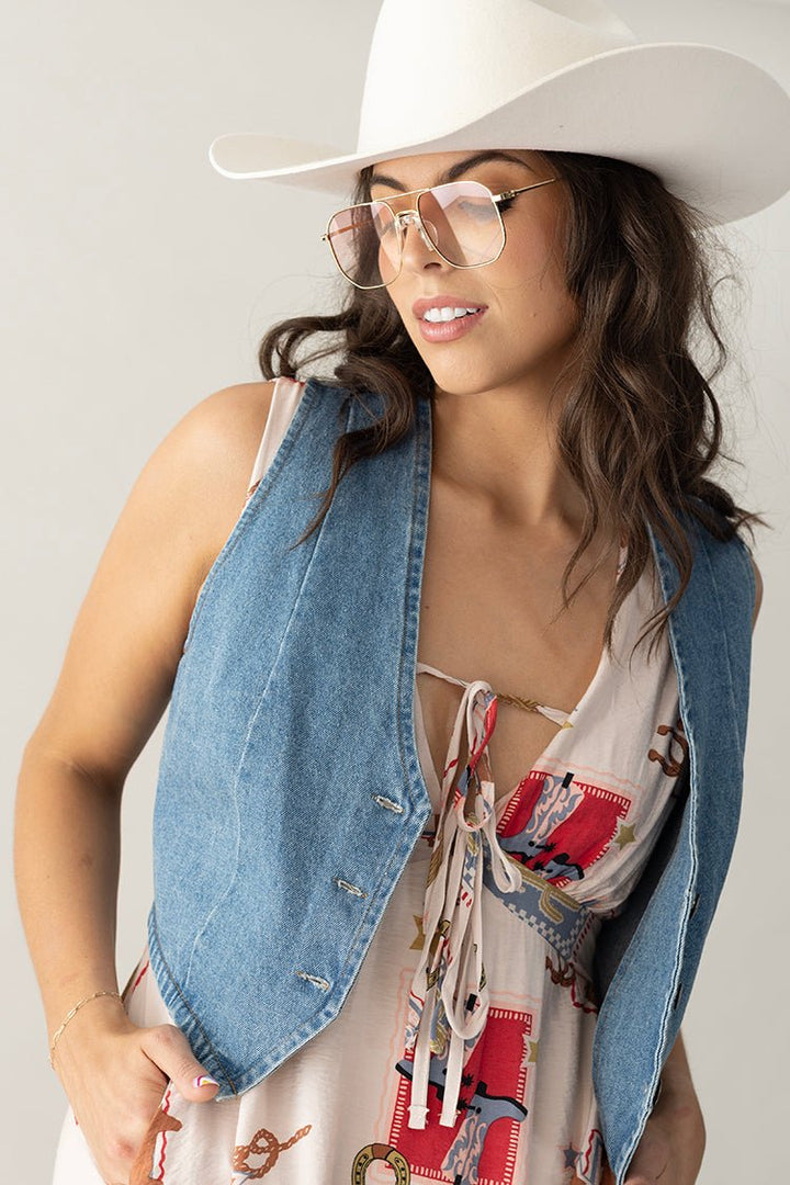 Light Wash Snap Button Denim Vest - Flea Style