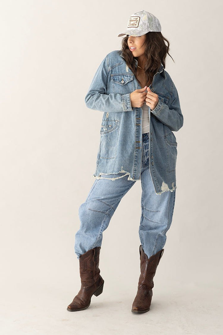 Medium Washed Denim Western Shacket Frayed- Flea Style