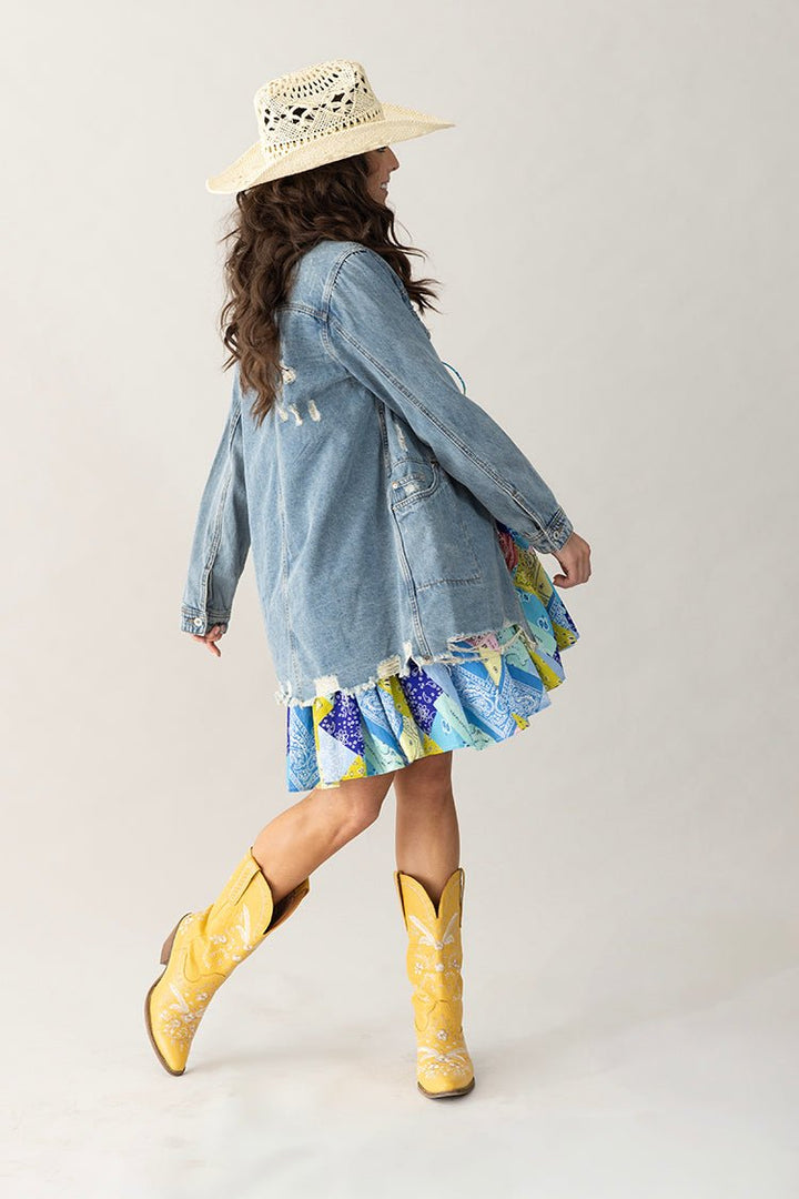 Medium Washed Denim Western Shacket Frayed- Flea Style