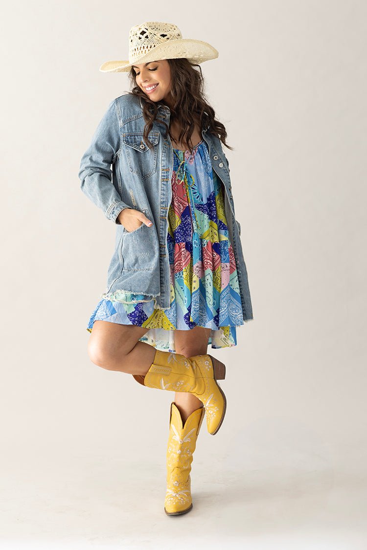 Medium Washed Denim Western Shacket Frayed- Flea Style