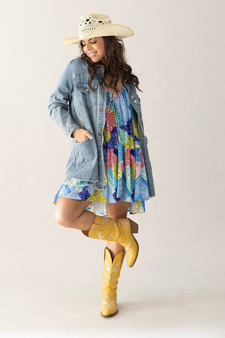 Medium Washed Denim Western Shacket Frayed- Flea Style