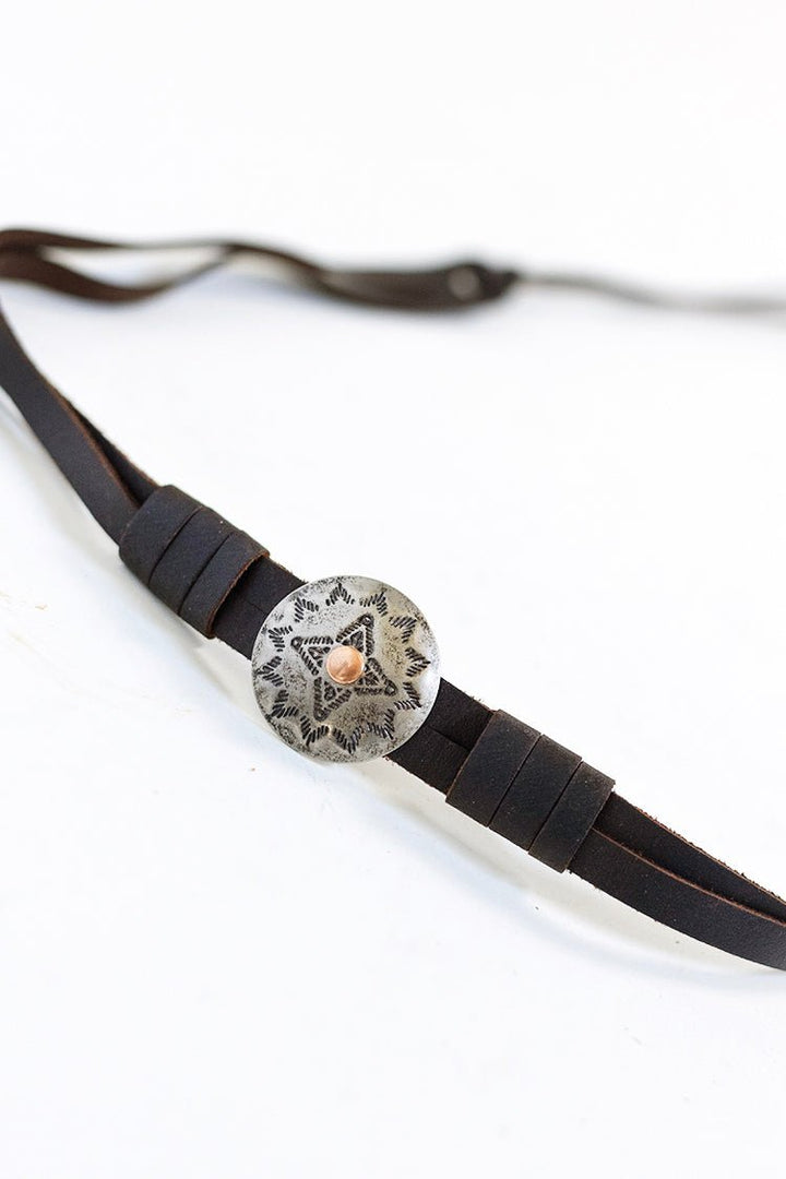Mixed Metal Concho Brown Leather Hat Band - Flea Style