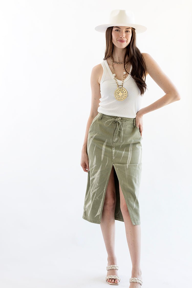 Olive Denim Midi Skirt with Distressing - Flea Style