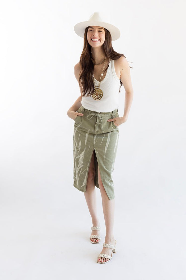 Olive Denim Midi Skirt with Distressing - Flea Style